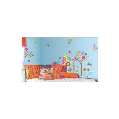 Sticker mural Fantaisie colorée papillons arbre fleurs - 2 planches : 50 x 70 cm - 30 stickers